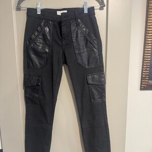 Joie Women’s Okana Black Faux Leather Trim Cropped Black Cargo Pants Size 24